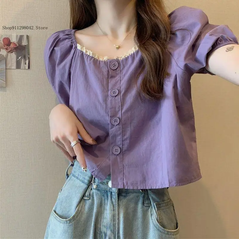 Summer and Autumn Leisure Commuting Travel Purple Short Tops French Bubble Sleeve Square Neck Chiffon Shirt