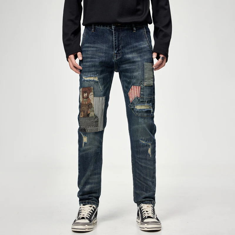 

High-end personality splicing color collision bear patch men's jeans patch embroidery Slim small straight leg pants