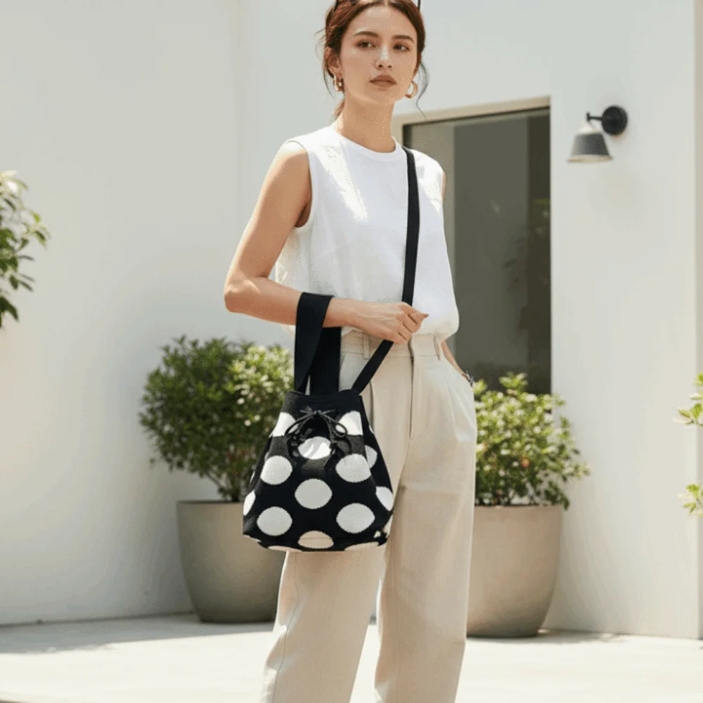 

Shoulder Satchel Patterned Polka Dot Bucket Bag Soft Minimalist Knit Tote Lightweight Chic Drawstring Purse Teens Girls