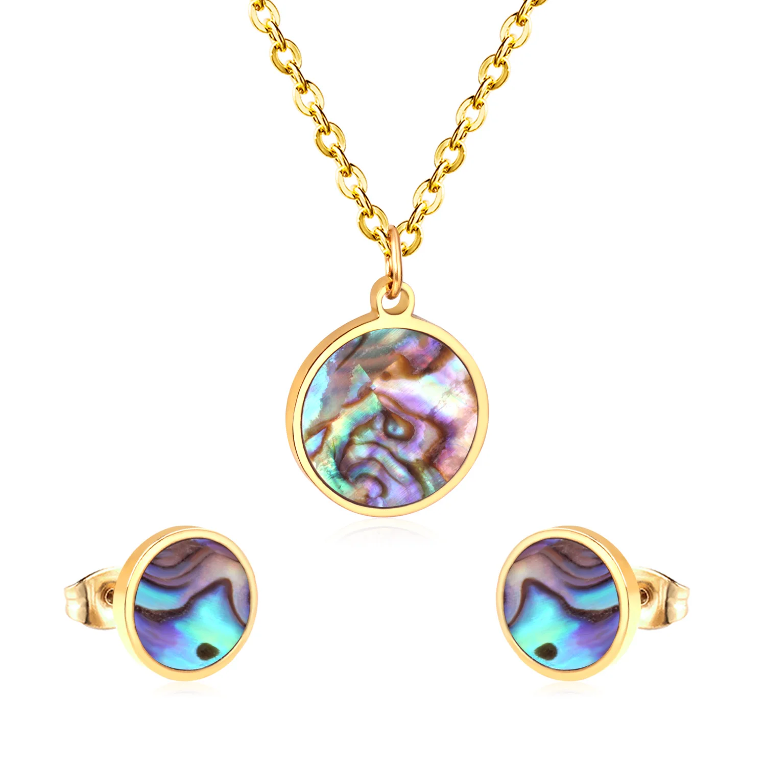 Fashion Jewelry Sets Round Abalone Shell Set Pendant Necklace Stainless Steel Golden Color Necklaces For Women Bijoux Party Gift