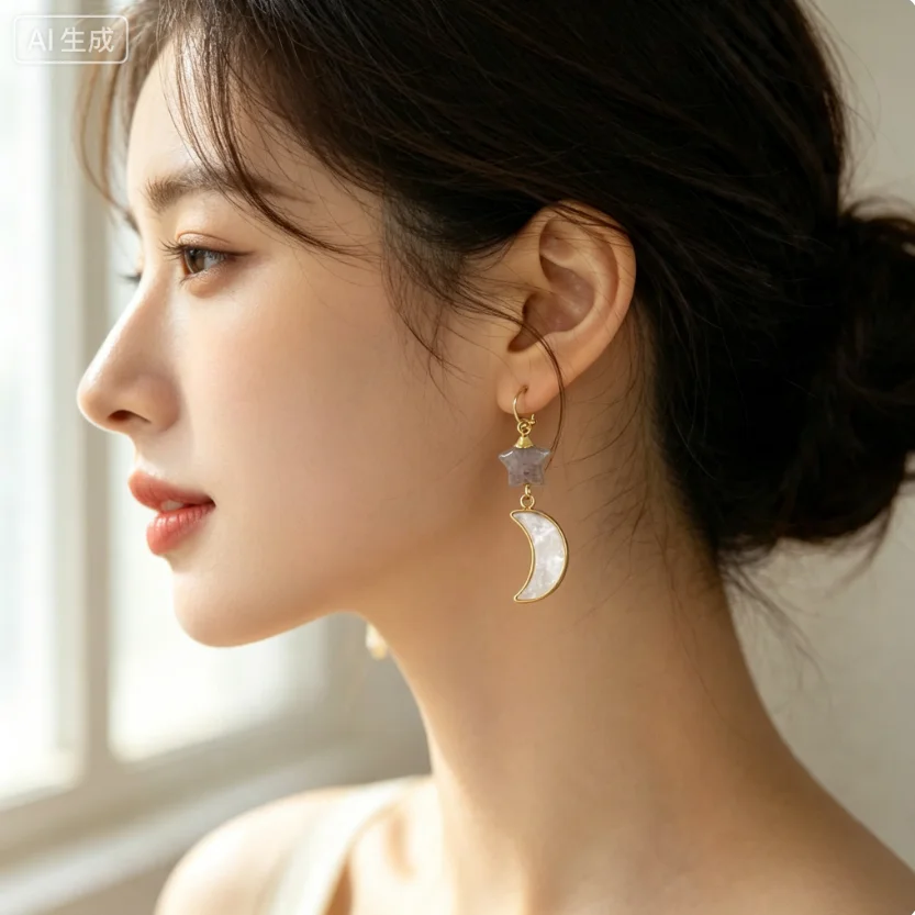 WT-MPE152 Newest Design Tiny Unique Star Moon Shape Shell Stone Earring With Real Gold Plated For Women
