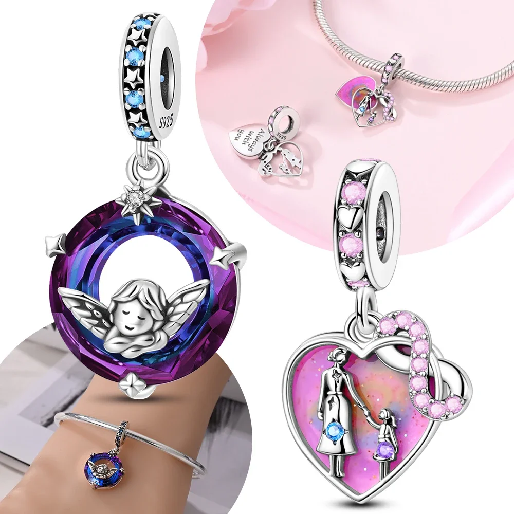 

Charms 925 Silver Starry Sky Blue Zircon Pink Heart Beads Fit Original DIY Bracelet Charm Jewelry Party Birthday Gifts