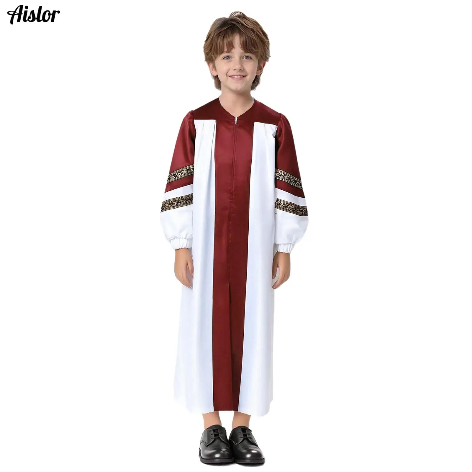 

Boys Girls Choir Robe Dress Halloween Cosplay Theme Party Costume Embroidered Stripes Long Sleeve Color Block Dress Clergy Gown