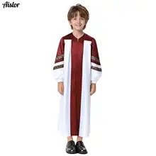 Boys Girls Choir Robe Dress Halloween Cosplay Theme Party Costume Embroidered Stripes Long Sleeve Color Block Dress Clergy Gown