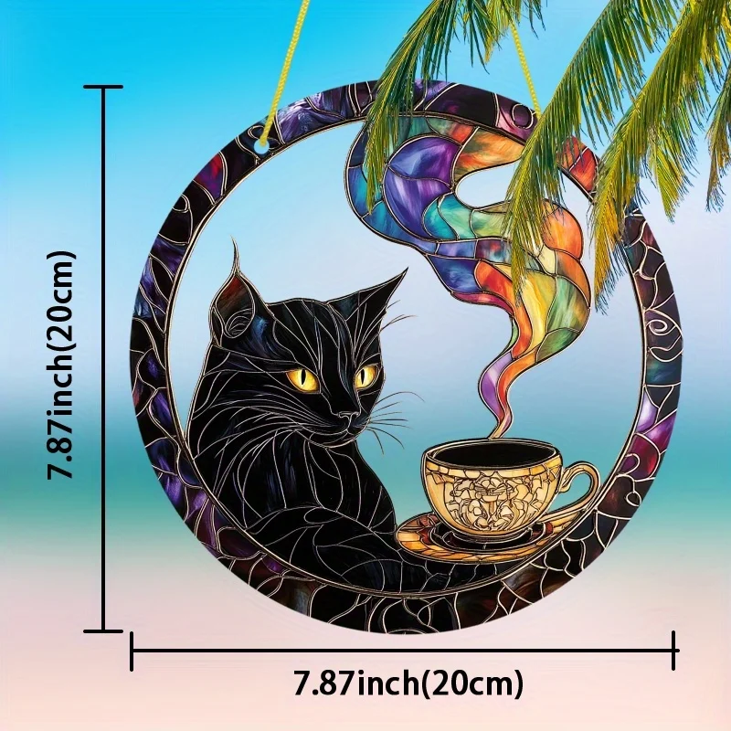 Acrylic Painting Stained Glass Style Black Cat with Golden Coffee Cup and Rainbow Steam Plastic Window Hanging Suncatcher, 2D Fl