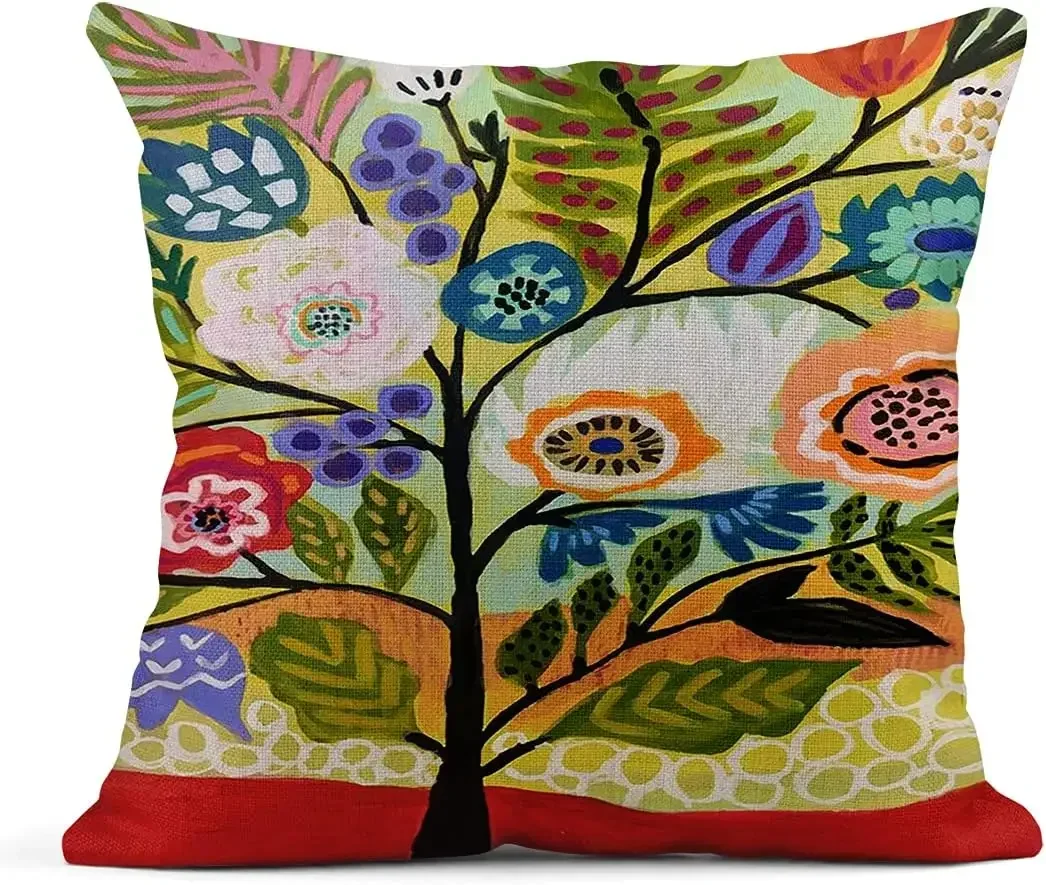 Colorful Birds in the Garden Flower Tree Linen Throw Pillowcase Home Decoration Pillowcase Square Cushion Cover Sofa