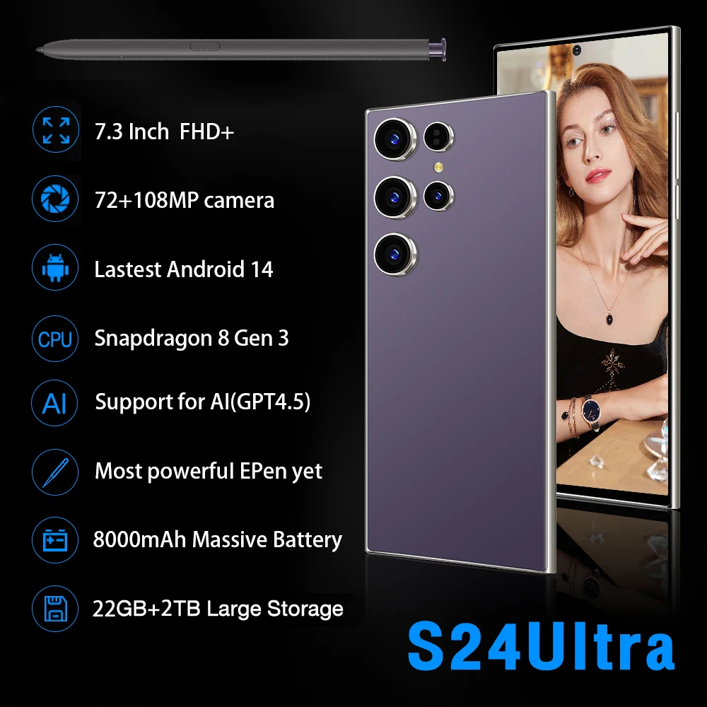 

Hot New S24 Ultra Smart phone 7.3 inch Full Screen 4G/5G Cell Phone 22GB+2TB 8000mAh Mobile Phones Global Version Celulares