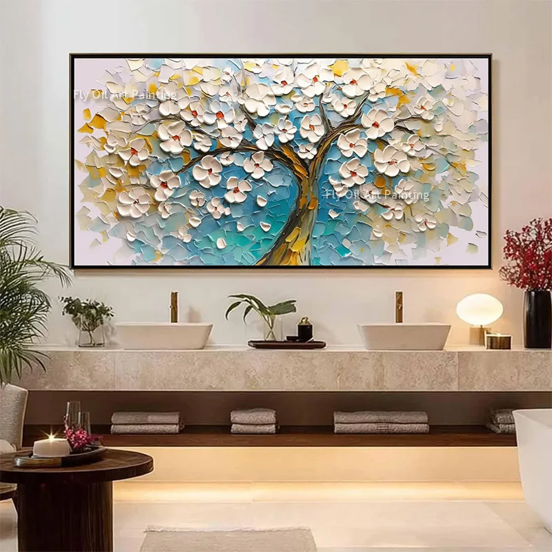 Hand Drawn White Yellow Flower Tree Landscape Canvas Wall Art Items New Popular Blue White Knife Thick Florals Oil Painting
