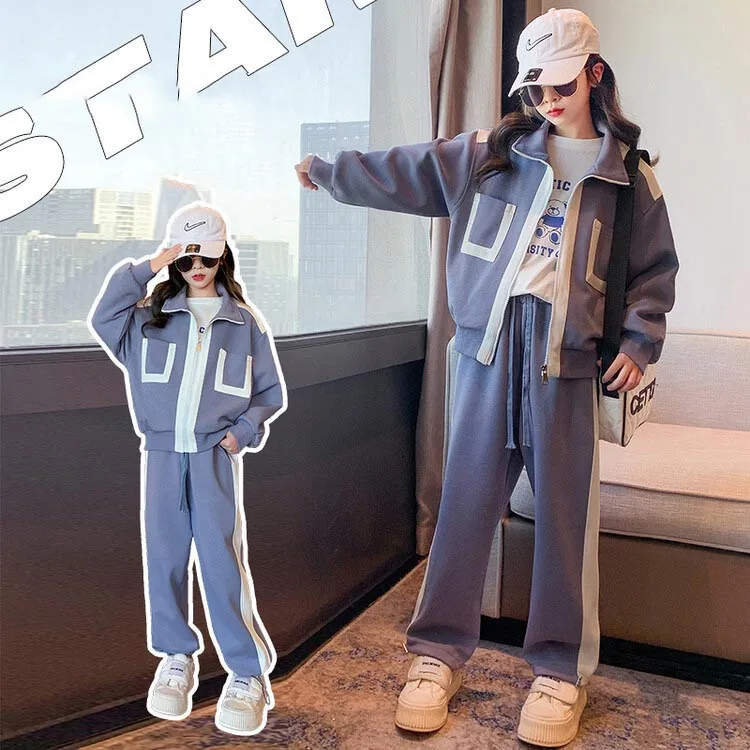 2024 Korean Spring Autumn Junior Girl Tracksuit Teenager Girl Casual Workout Coat+Striped Wide-leg Sport Pants Girl 2pcs Suit