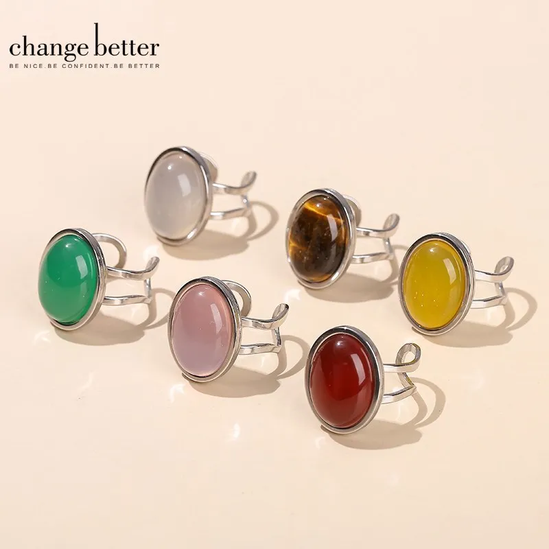 Change Better Natural Stone Red Agate Oval Shape Stainless Steel Open Ring Women Vintage Big Cabochon Adjustable Healing Rings