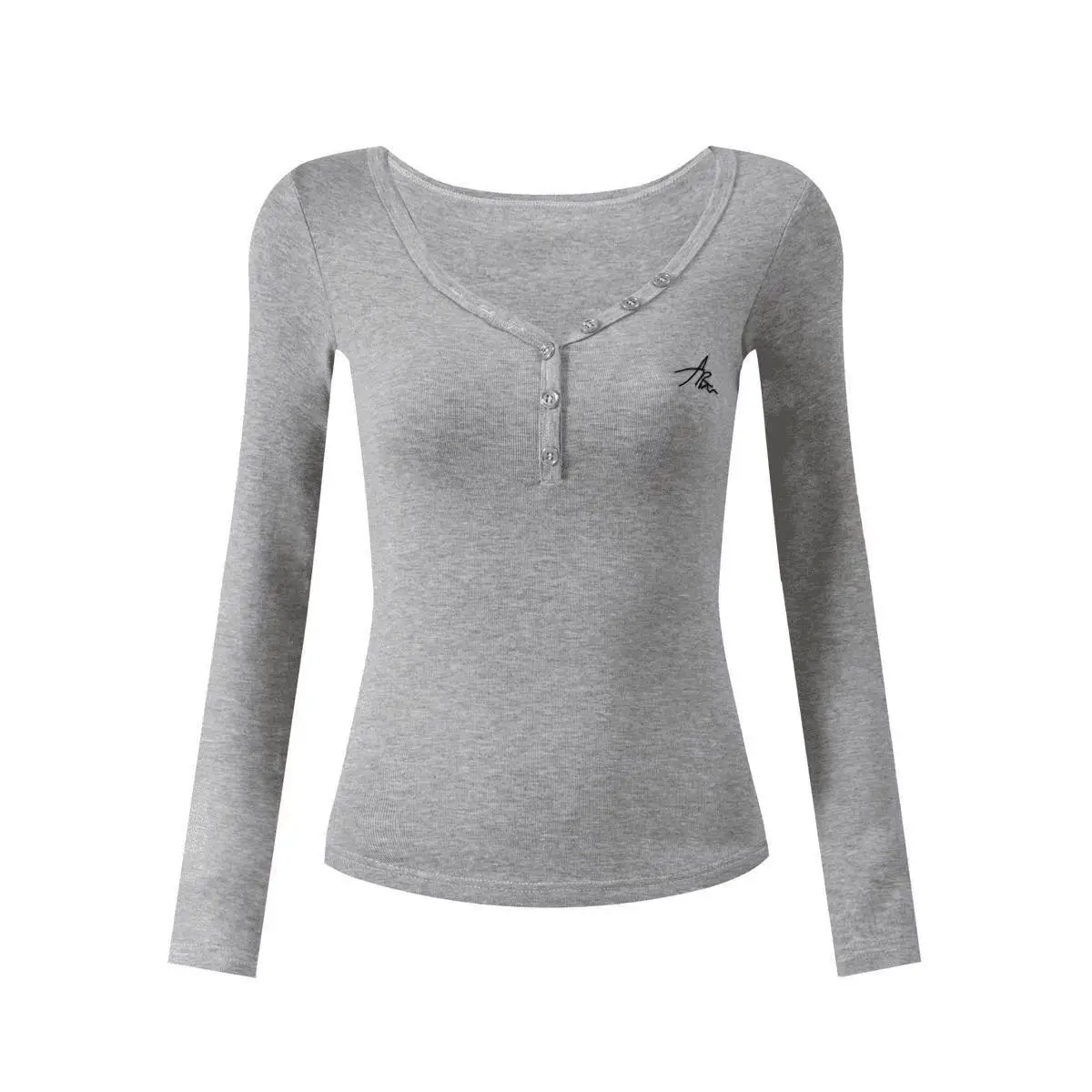 Damenkleidung Herbst-Outfit V-Ausschnitt Basic-Shirt Langarm Einfarbiges T-Shirt Mädchen Studentin Knopfdesign Elegantes Damen Slim Fit Top – Detail 1