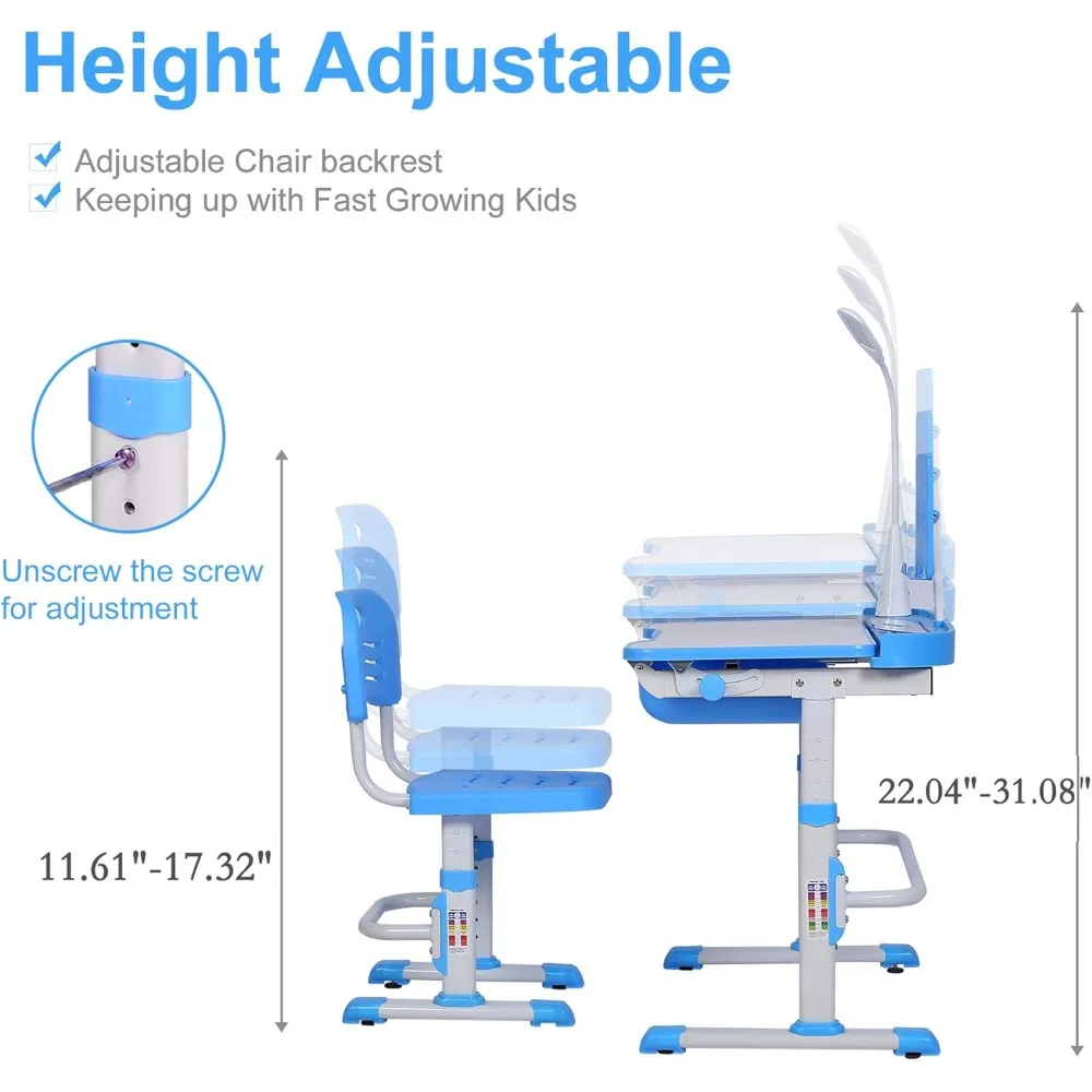 Juego de escritorio y silla para niños, mesas de escritura de estudio escolar para niños, altura ajustable, escritorio inclinable, luz LED, cajón de