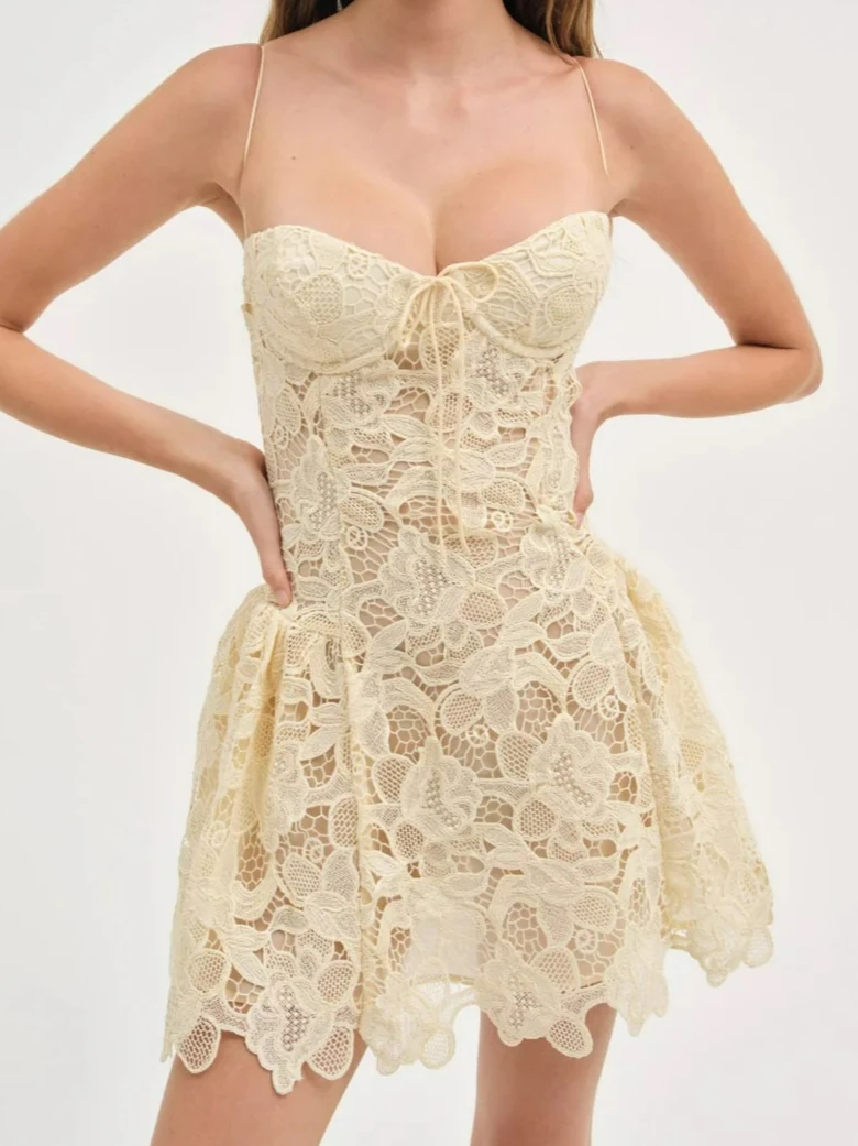 

French Elegant Chic Lace Mini Dress Strap Women Beige Black Summer Vocation Beach Sleeveless Backless Sexy Ladies Long Gown New
