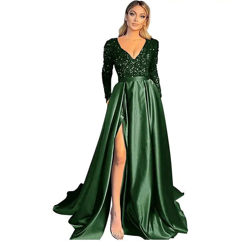 Customized A Line Women Evening Dresses V Neck Long Sleeve Prom Party Gowns Sequins Side Slit Vestido De Noche robes de soirée