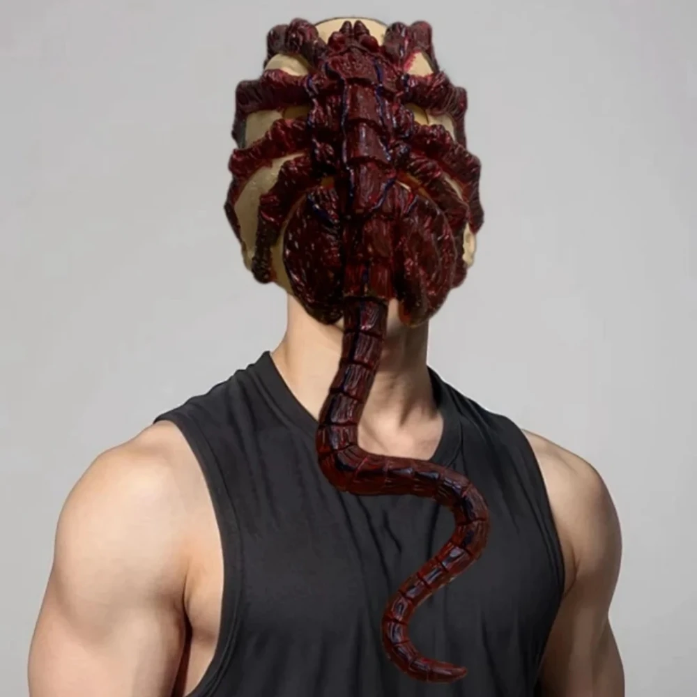 Classic Deep Sea Creature Monster Mask with Long Tail And Tongue Bloody Facehugger Design for Halloween Latex Performance Props