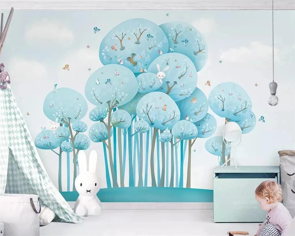 Customized 3D wallpaper blue cute cartoon forest rabbit bird children room mural bedroom restaurant Living room TV background