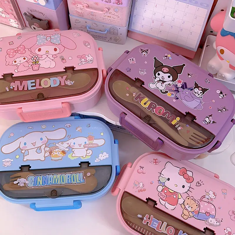 New Sanrio Kawaii Anime Kuromi My Melody Square Lunch Box Cute Cartoon Cinnamoroll Bento Box Students Three Grid Gift for Kids