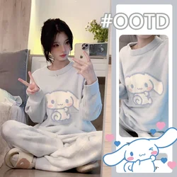 Kawaii Cinnamoroll Pajamas Set Sanrioed Cartoon Women Knitting Plush Homewear Anime Coral Fleece Cute Thickened Girls Tops Pants