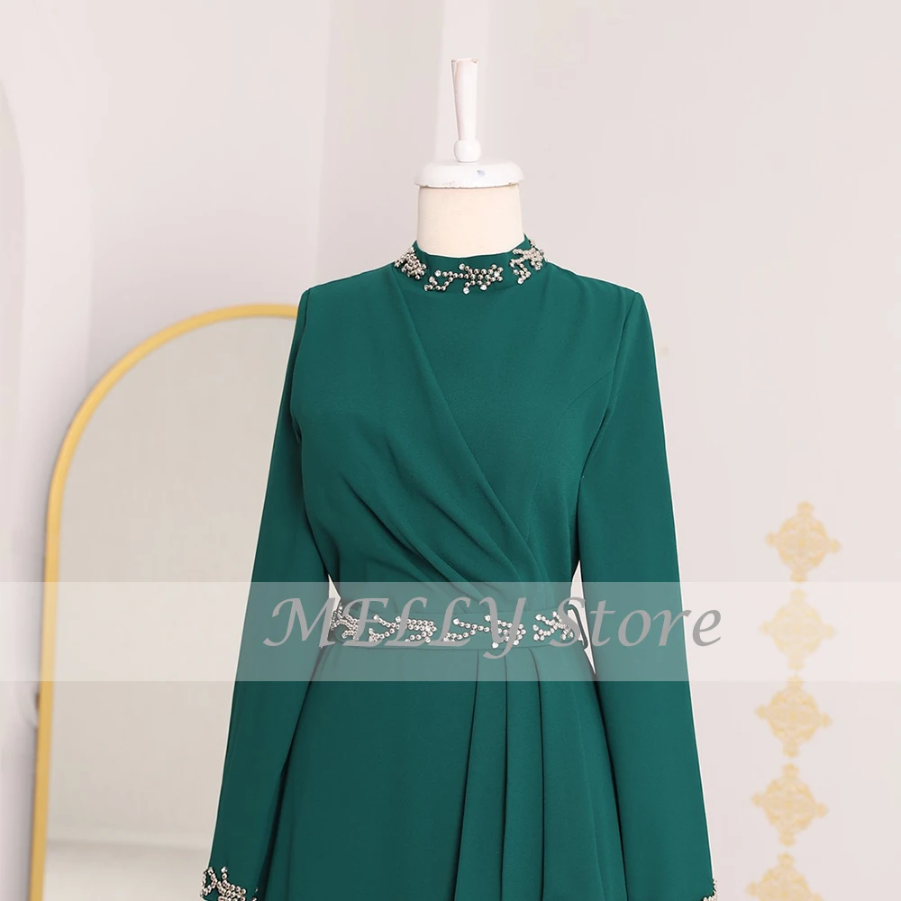 Robe de soirée verte en mousseline de soie, manches longues, ceinture avec perles, col haut, longueur au sol, ligne a, robe de cérémonie