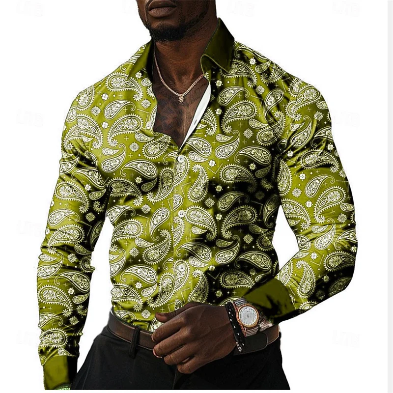 Fashionable Men's Casual Shirt Floral Retro Colors Long Sleeve Shirt Button Lapel Cardigan Mens Breathable And Comfortable Shirt