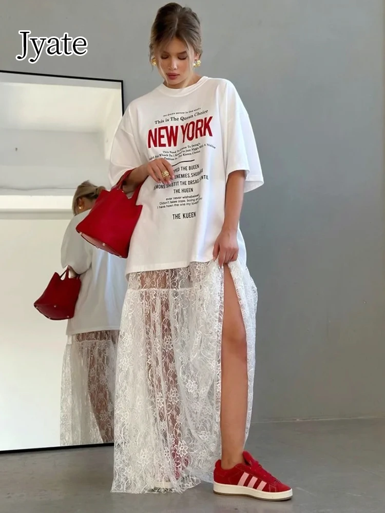 Jyate Jacquard Transparent Long Lace Skirt Women 2024 Summer New High Waist Sexy Casual Maxi Skirts Street Fashion White Jupe