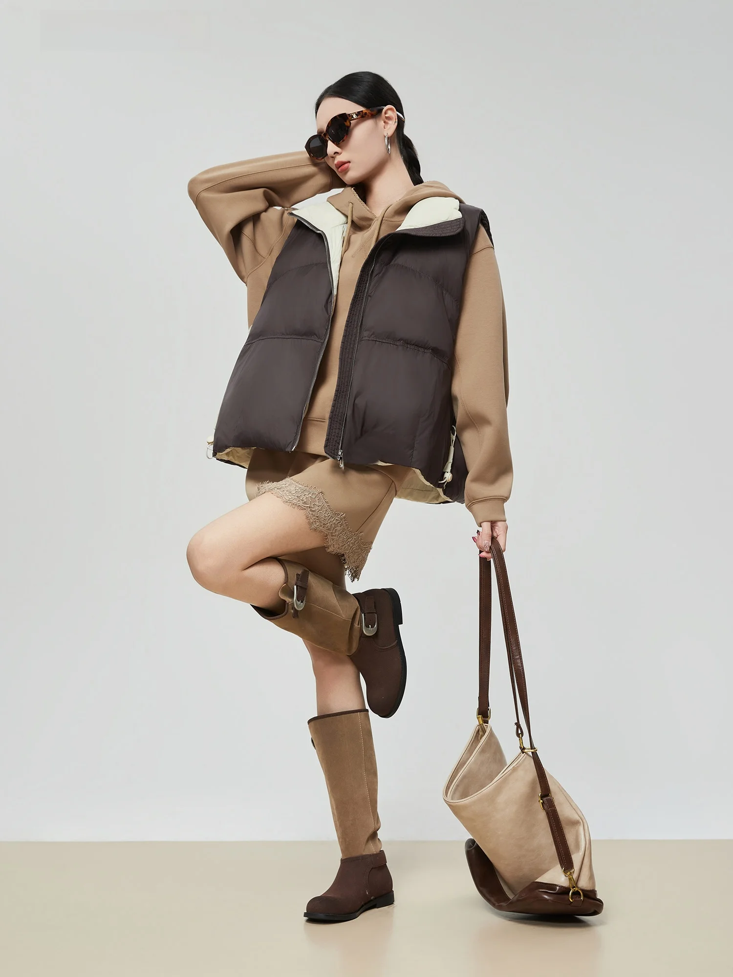 

Brown ort Stand Collar down Vest Women's Winter New Loose Casual Svel Jaet Trendy Polyester Fiber Zipper Sle