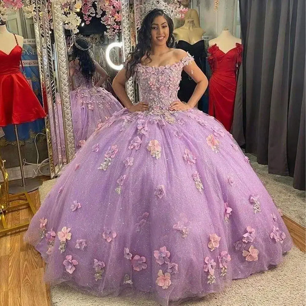 ANGELSBRIDEP Glitter Lilac Ball Gowns Quinceanera Dresses 3D Appliques Flowers Sweet 15 16 Birthday Pageant Gowns Customized