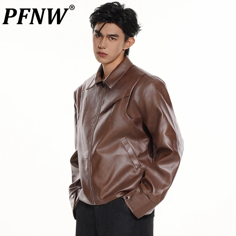 PFNW High Quality Short PU Leather Jacket With Shoulder Pads Autumn 2024 Trendy New Lapel Coffee Zipper Coat For Men 12C1853