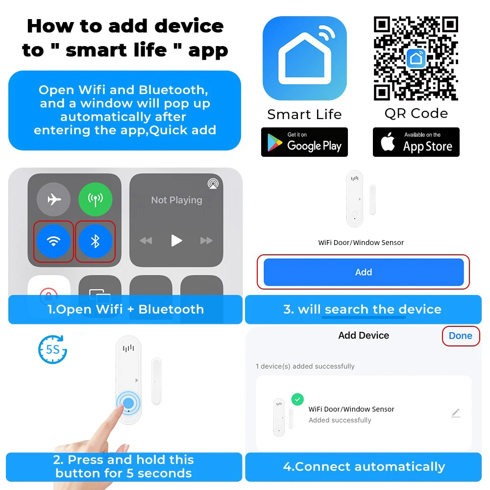 Tuya WiFi Door Window Sensor 80dB Sound WiFi Security Alarm Door Open Closed Detectors APP Remote Control Support Arm and Disarm