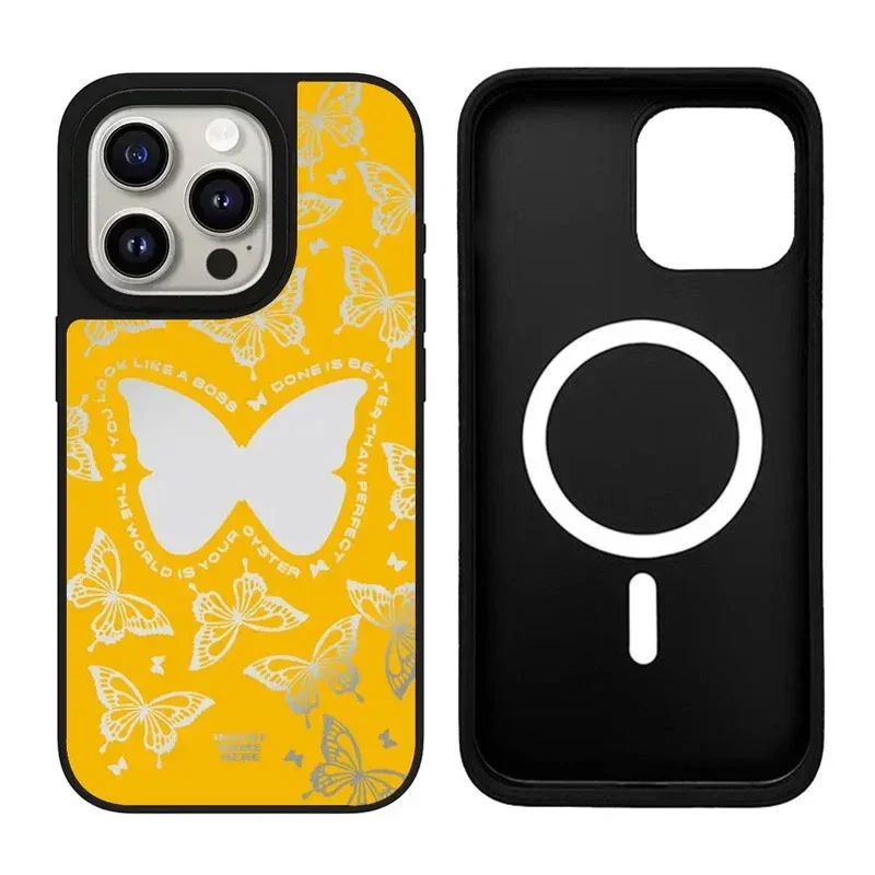 

Butterfly iPhone 11 12 13 14 15 16 Pro Max Mirror Surface MagSafe Case Cover Shell for IPhone 16 Pro Max