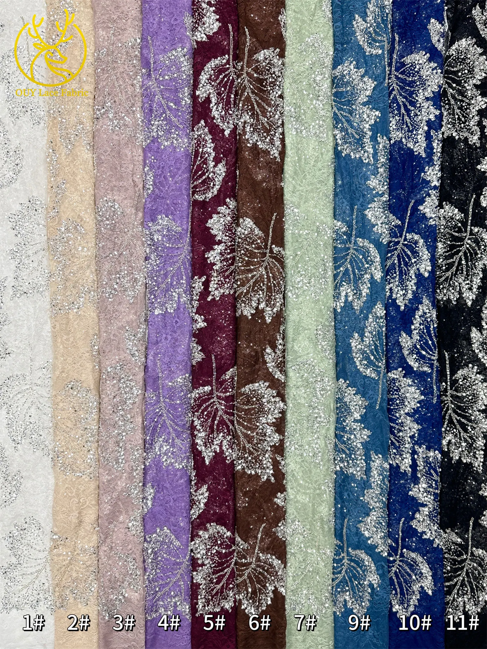 Weinroter afrikanischer bestickter Perlen-Spitzenstoff, 5 Yards, französisches Blattmuster, Pailletten-Tüll-Spitzenstoff für Hochzeits- und Partykleider – Detail 33
