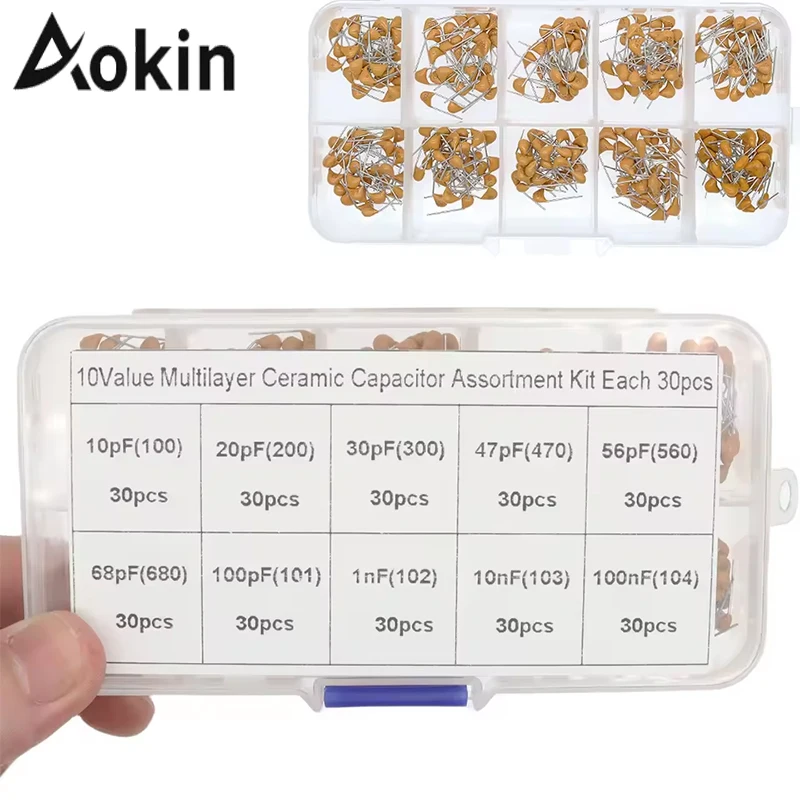 

300 шт. 10 значений 50 В 10pf 20pf 30pf 47pf 56pf 68pf 100pf 1nf 10nf 100nf Набор многослойных керамических конденсаторов в ассортименте