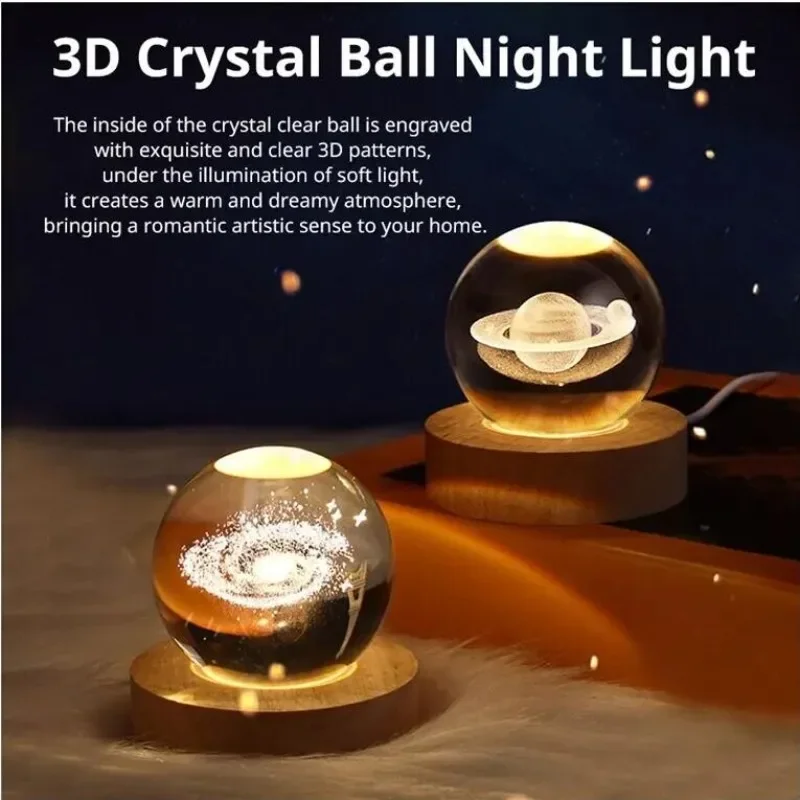 Crystal Ball Night Light USB Direct Plug 3D Bedside Table Lamp Galaxy Solar System Warm Ambient Lighting Creative Children Gift