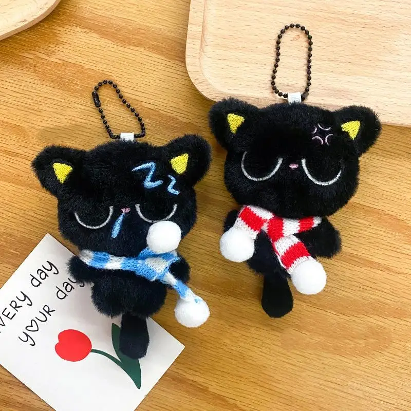 Porte-clés poupée en peluche chat noir, dessin animé, doux, joli sac d'école, pendentif, décoration, cadeaux