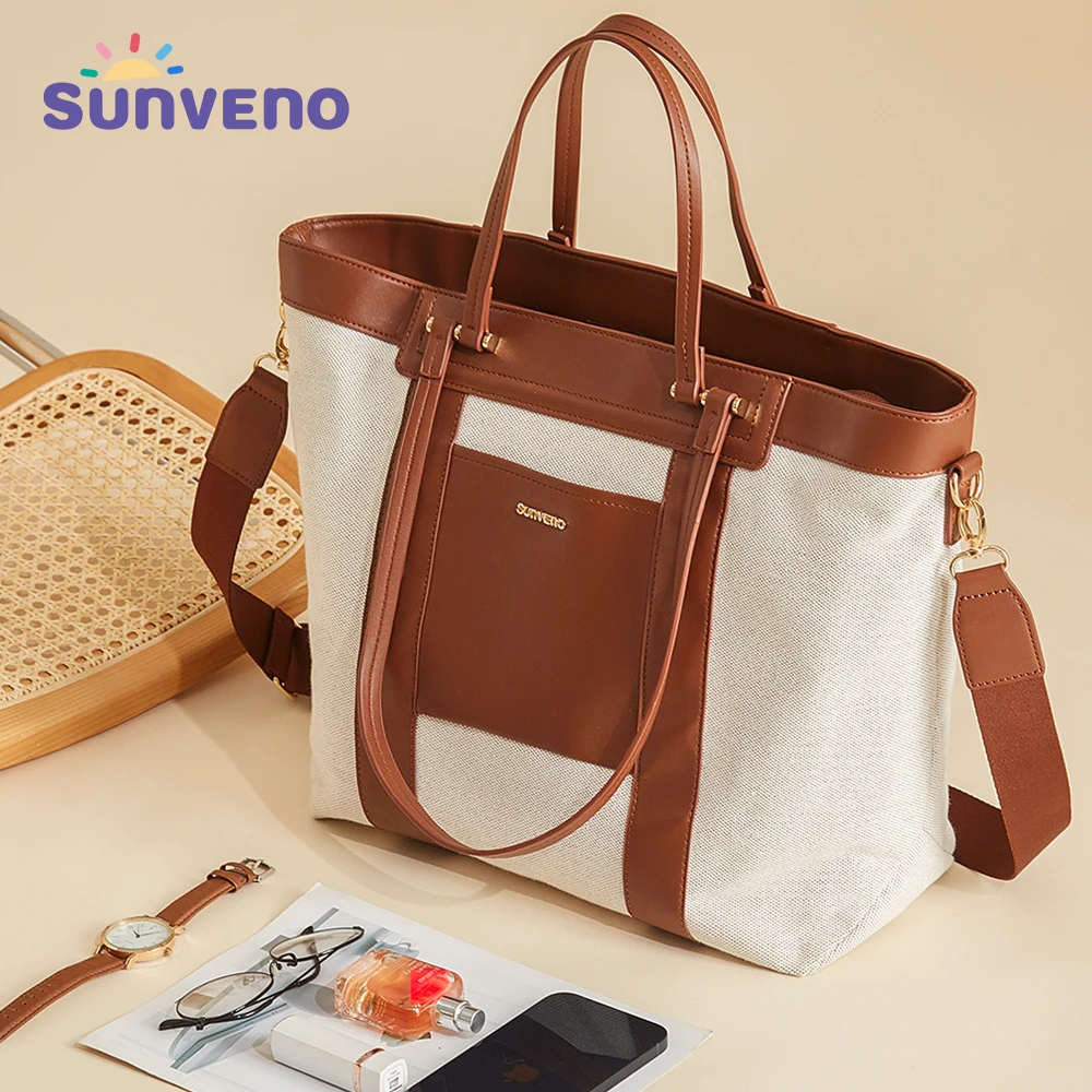 Sunveno Fashion Luxury Tote Diaper Bag Canvas+PU Stitching High Capacity Durable Shoulder Bags for Mommy