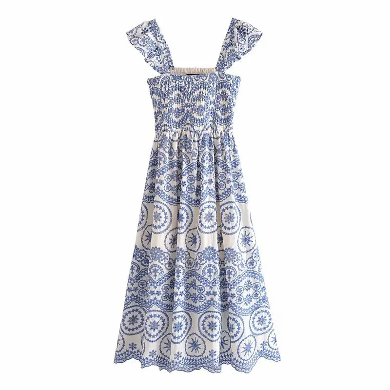 

Sexy Back Hole Hollow Embroidered Short Cotton Dress Blue