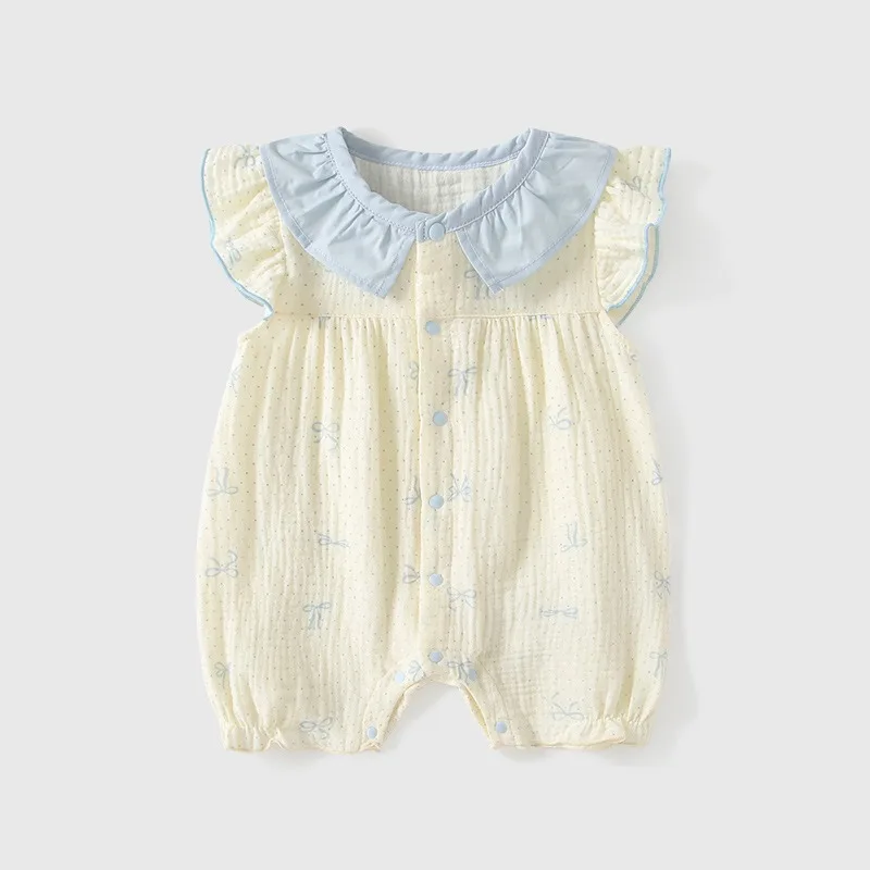 

Комбинезон для новорожденных и малышей с короткими рукавами, кружевным воротником, из тонкого дышащего хлопка, с летним цветочным принтом в горошек и листья, милый комбинезон для детей 0-1 года