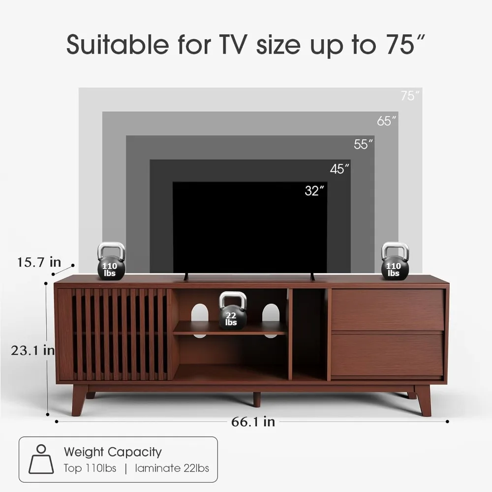66" TV Stand for 60/65/75 inch tv,Mid Century Modern Entertainment Center/TV Stand and Media Console Table with Drawer and Shelf