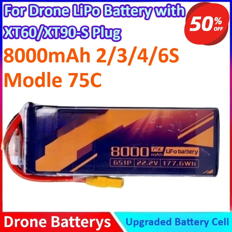 

8000mAh 2/3/4/6S Modle 75C High-Discharge LiPo Battery for FPV Racing Drones, Aerial Photography UAVs with XT60/XT90-S Plug