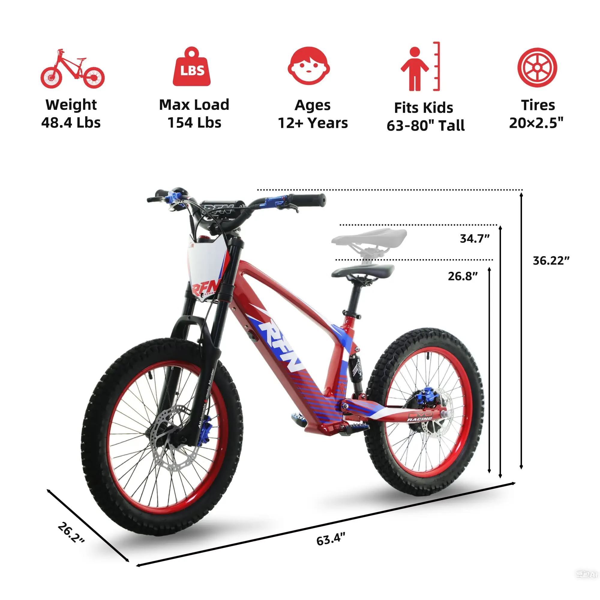 RFN Racing 20 elektrische crossmotor voor kinderen - 800 W sprongfiets met lichtgewicht aluminium frame, bereik van 24,2 mijl voor kinderen vanaf 12 jaar