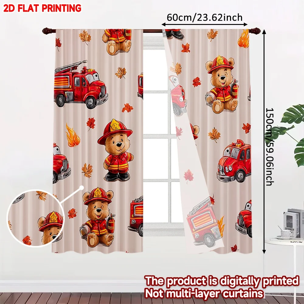 2pcs Firefighter Bear Curtains , Cute Bears in Firefighter Suits with Fire Truck Flames Maple Leaves for Kids Room Decor