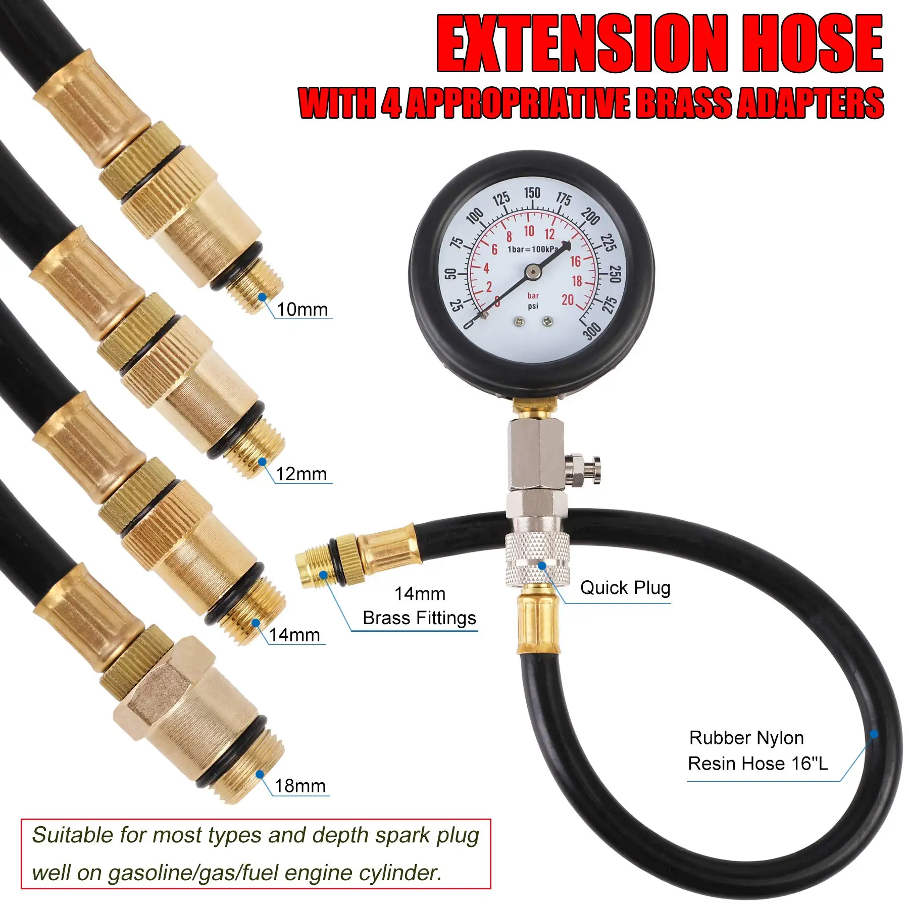 8PCS Professional Petrol Engine Compression Tester Kit 0-300 PSI Fuel Cylinder Pressure Gauge Tool Set for Car Truck Motorcycles