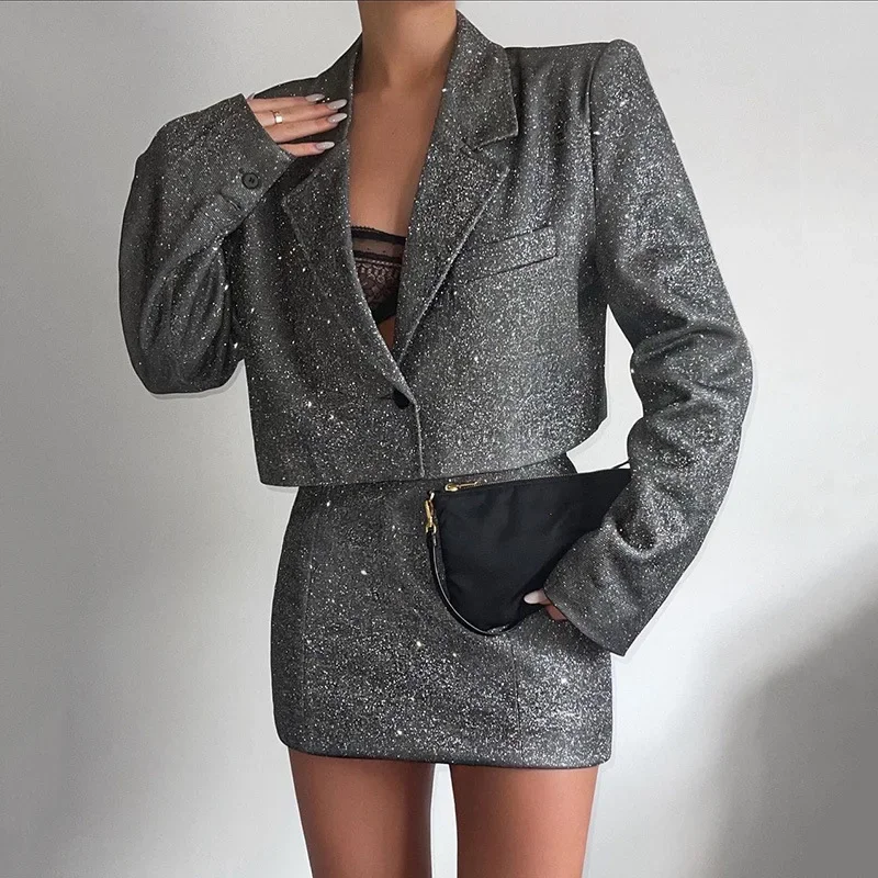 2023 Sexy Spicy Girl Small Suit Set Autumn Winter New 2-piece Casual Suit Fashion Polo Long Sleeve High Waist Short Dress Set