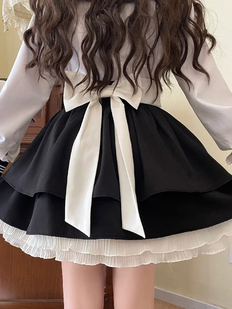 Japanese Bow Lolita Style Kawaii Skirts Women Black Ruffles Cute Mini Skirt Female Korean Fashion High Waist Princess Skirt 2023