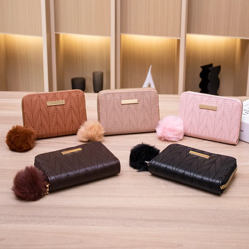 Coin Purse Zipper Card Holder Women's Purses for Women PU Leather Ladie Small Wallets Short Clutch New Woman Plush Ball Holders