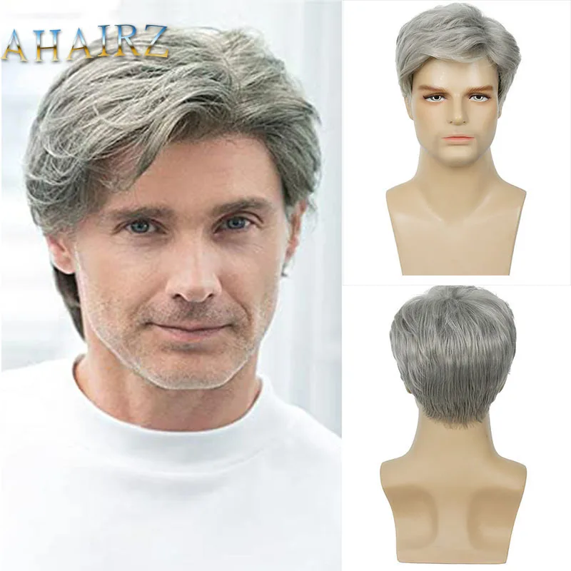 Peluca corta sintética para hombre, color gris degradado, blanco con flequillo, Natural, suave, transpirable, en capas, para Cosplay diario