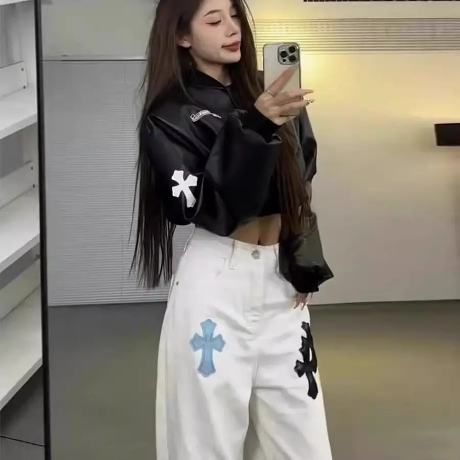 Pantalones vaqueros de pierna ancha con cruz blanca coreana de alta calidad para mujer, nuevo aspecto de verano y otoño, pantalones de pierna recta holgados y ajustados