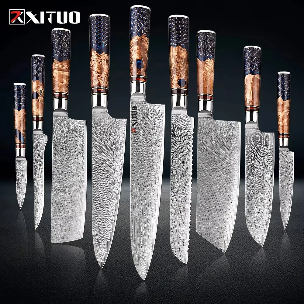 

XITUO 1-9 Piece Kitchen Knives Set Damascus Steel Chef Knife Sharp Cut Vegetables Sliced Meat Bread Blue Resin Honeycomb Handle