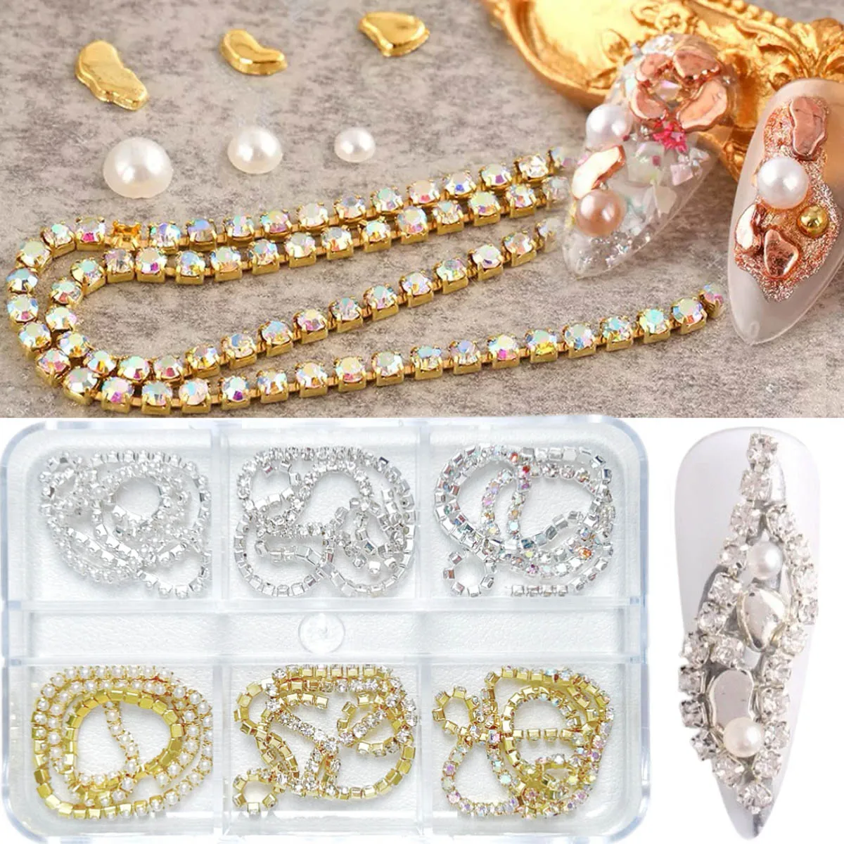 1Box Light Luxury Sparkling Rhinestones Inlaid Alloy Chain Nail Art Decorations Creative Gold Silver Bead Chain Nail Charms DIY