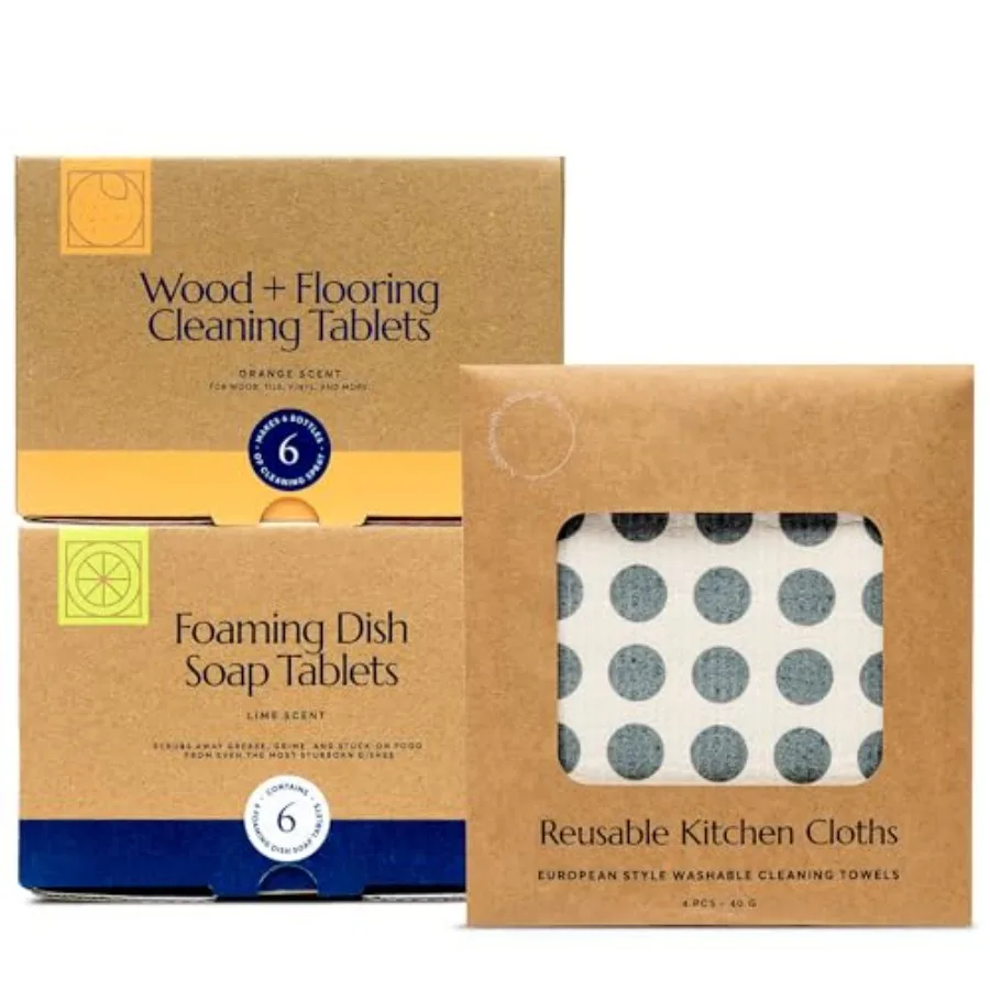 CLEANOMIC Wood and Flooring Tablets Foaming Dish Soap and Reusable Kitchen Cloth Bundle